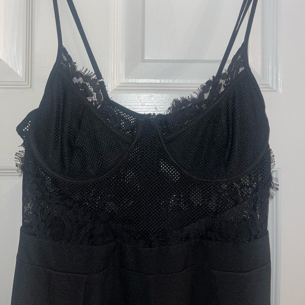 NWOT SEXY REVAMPED Black Lace Sheer Jumpsuit with Wide Leg, SZ S